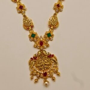 22KT Gold Peacock Design Multi-Stone Necklace (HUID Hallmarked) – Elegant Traditional Collection (19.41g)