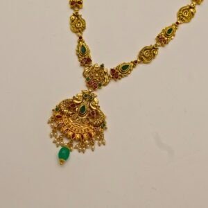 22KT Gold Multi-Stone Necklace with Green Beads (HUID Hallmarked) – Elegant Traditional Collection (16.08g)