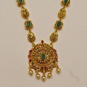 22KT Gold Lakshmi Pearl Multi-Stone Necklace (HUID Hallmarked) – Elegant Traditional Collection (15.45g)