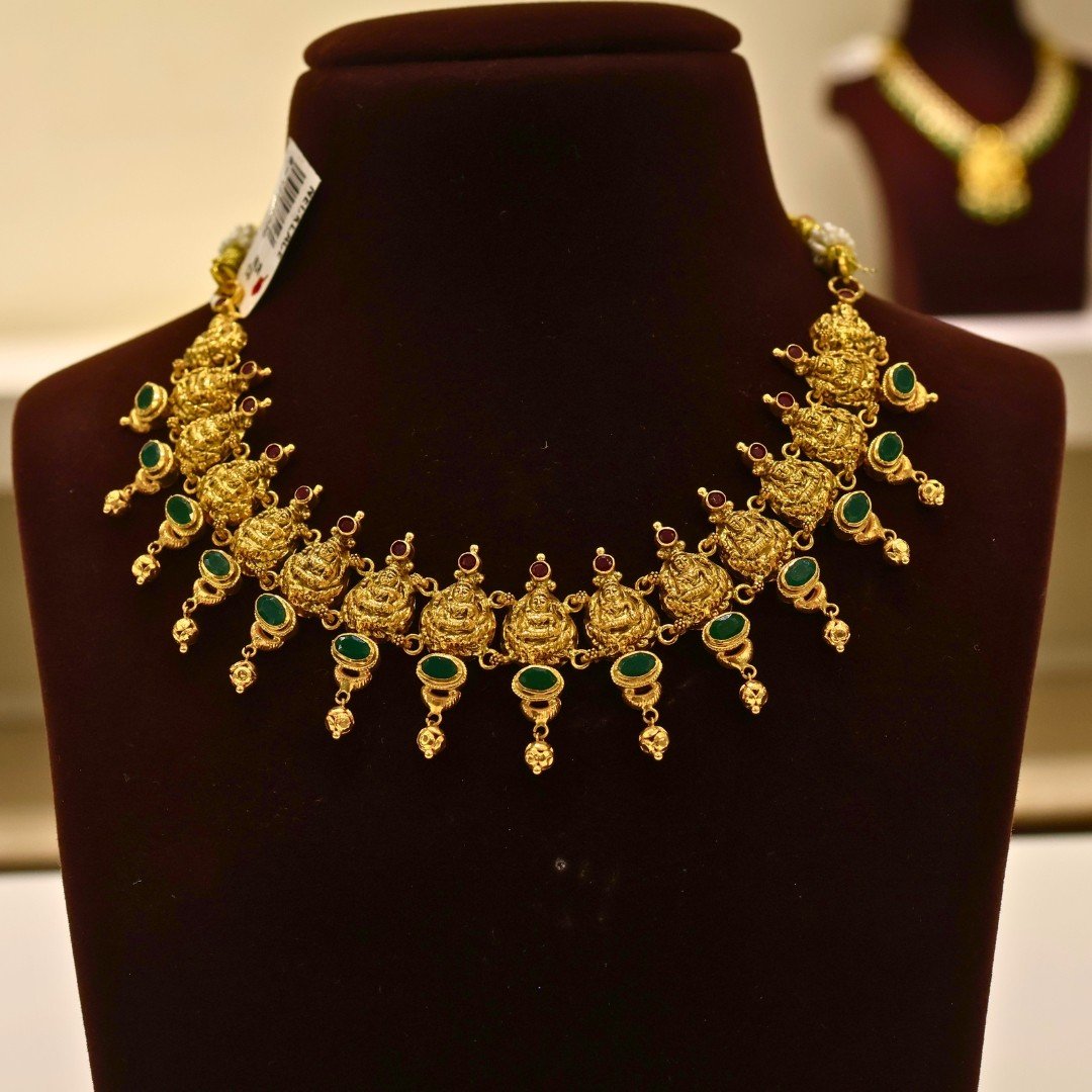 22KT Gold Lakshmi Design Multi-Stone Necklace (HUID Hallmarked) – 27.45g