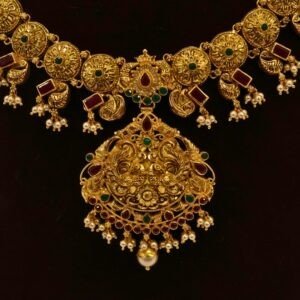 22KT Gold Peacock Multi-Stone Necklace (HUID Hallmarked) – Elegant Traditional Collection (29.45g)