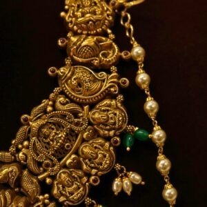 22KT Gold Antique Nakasa Bridal Jewellery Set (Necklace, Hara, Jhumka & Nettichutti) with Pearl & Green Beads – HUID Hallmarked (91.27g)