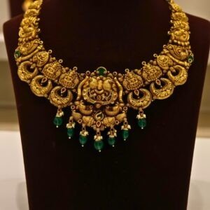 22KT Gold Antique Peacock Necklace with Pearl & Green Beads (HUID Hallmarked) – Premium Traditional Collection (37.61g)