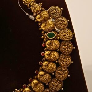 22KT Gold Antique Lakshmi & Elephant Necklace with Pearl & Green Beads (HUID Hallmarked) – Grand Bridal Collection (45.28g)