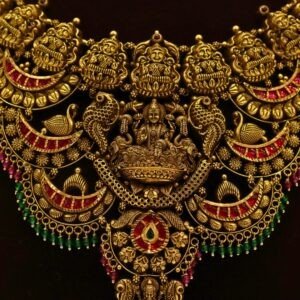 22KT Gold Antique Lakshmi Necklace with Green Beads (HUID Hallmarked) – Grand Bridal Collection (62.21g)