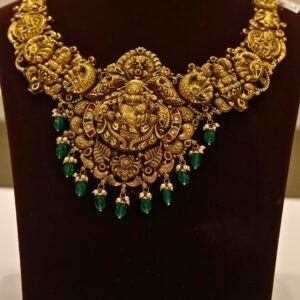 22KT Gold Antique Nakasa Necklace with Pearl & Embossed Lakshmi Work (HUID Hallmarked) – Grand Bridal Collection (44.72g)