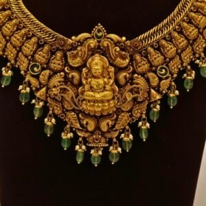 22KT Gold Antique Nakasa Lakshmi Necklace with Pearl & Green Beads (HUID Hallmarked) – Grand Bridal Collection (49.63g)