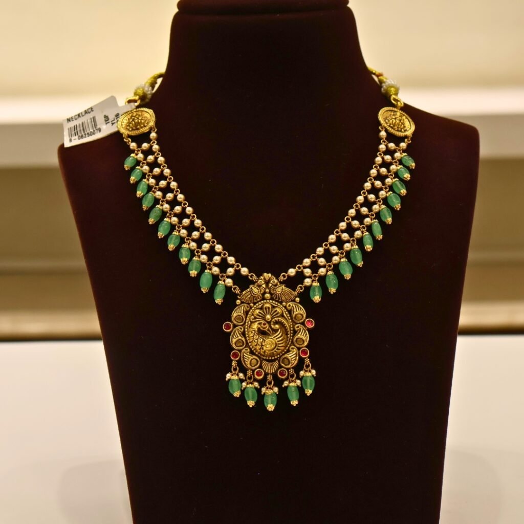 22KT Gold Pearl Necklace with Green Beads Work (HUID Hallmarked) – 14.77g