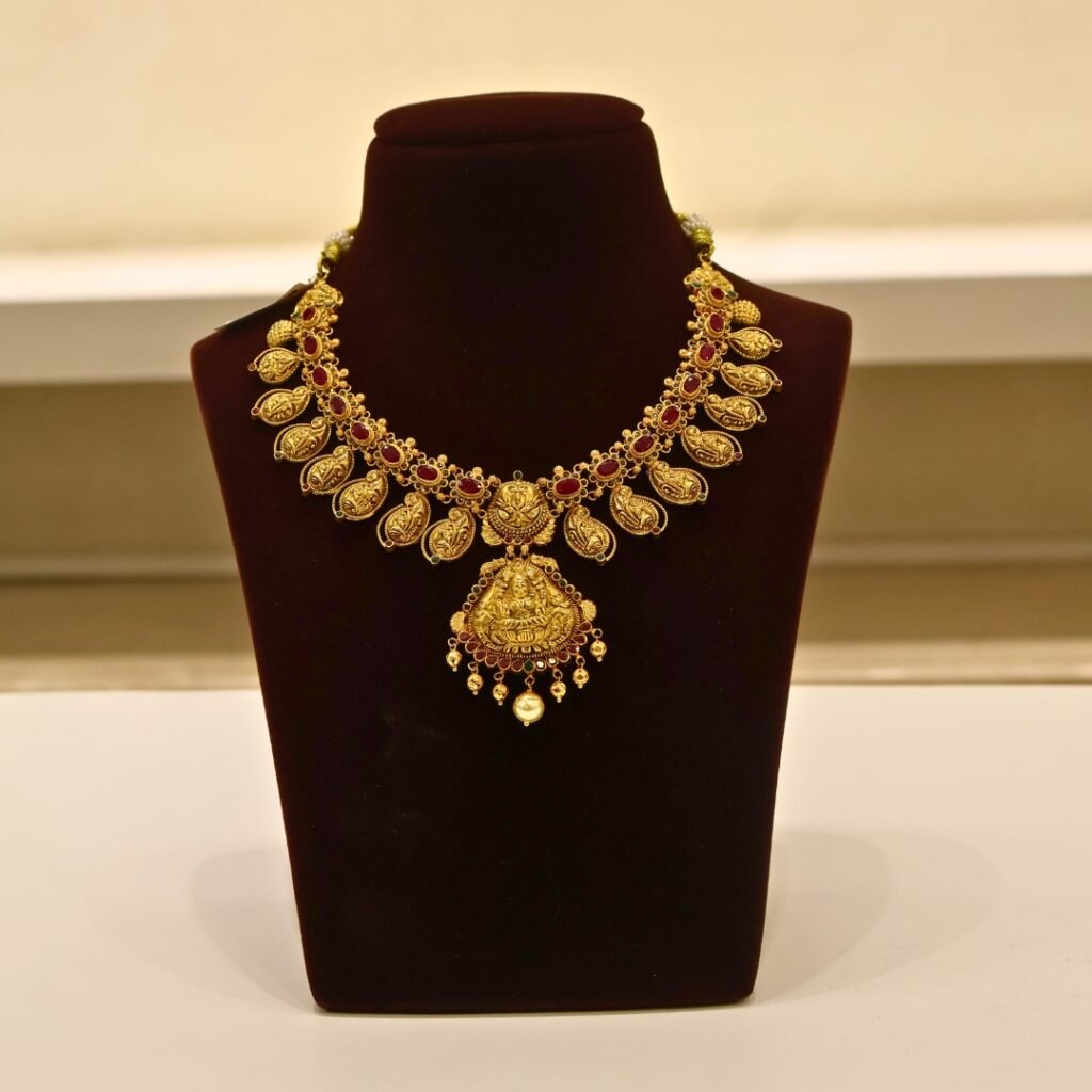 22KT Gold Mango & Lakshmi Design Multi-Stone Necklace (HUID Hallmarked) – Grand Bridal Collection (49.75g)
