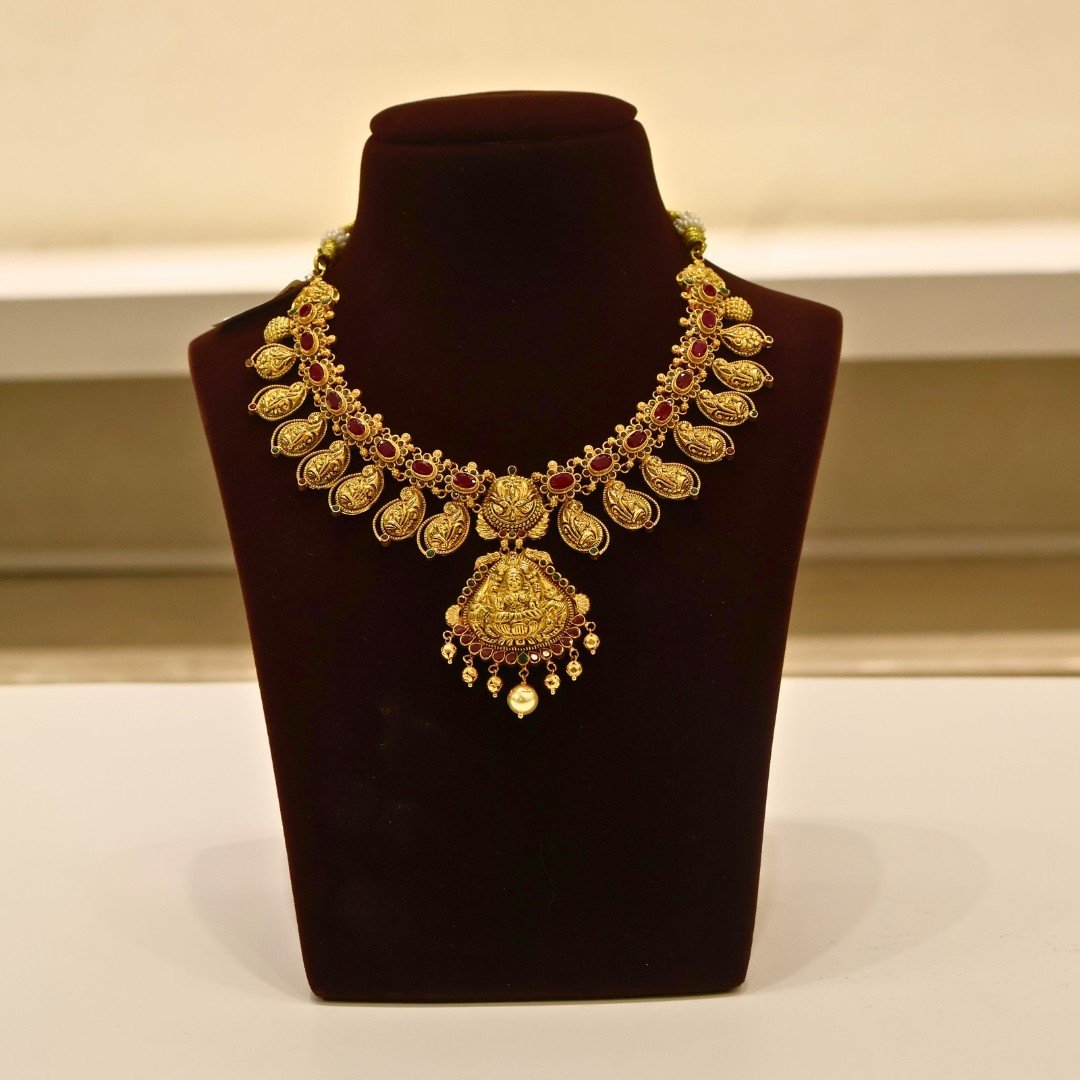 22KT Gold Mango & Lakshmi Design Multi-Stone Necklace (HUID Hallmarked) – Grand Bridal Collection (49.75g)