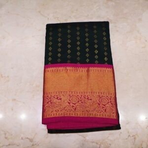 Kanchipuram Silk Saree – Black Body with Pink Zari Border (Premium Wedding Collection)