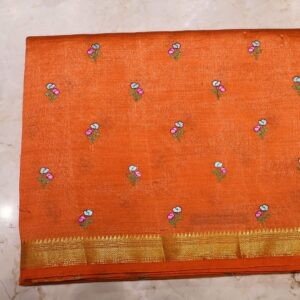 Tussar Silk Embroidery Work Saree – Orange with Floral Butta Design (Budget Festive Collection)