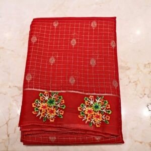 Chiffon Saree – Red with Embroidery Floral Border (Elegant Party Wear Collection)