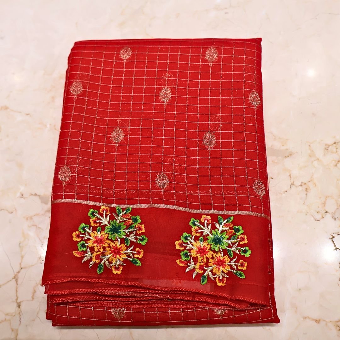 Chiffon Saree – Red with Embroidery Floral Border (Elegant Party Wear Collection)