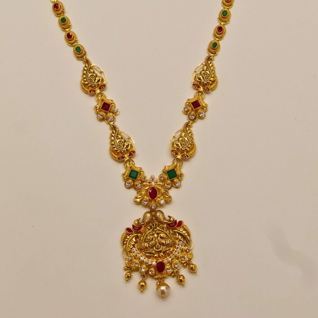 22KT Gold Peacock Design Multi-Stone Necklace (HUID Hallmarked) – Elegant Traditional Collection (19.41g)