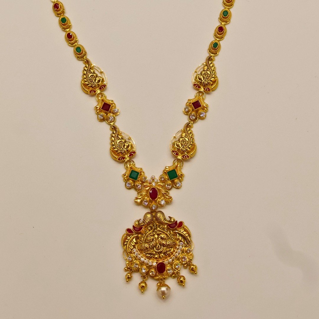 22KT Gold Peacock Design Multi-Stone Necklace (HUID Hallmarked) – Elegant Traditional Collection (19.41g)