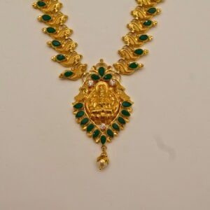 22KT Gold Lakshmi Necklace with Emerald Stone Work (HUID Hallmarked) – Traditional Bridal Collection (21.24g)