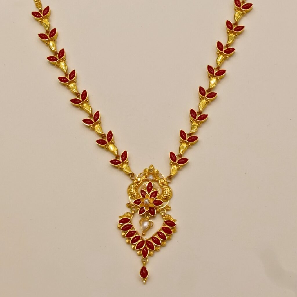 22KT Gold Coral Multi-Stone Necklace (HUID Hallmarked) – Elegant Traditional Collection (17.81g)