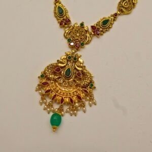 22KT Gold Multi-Stone Necklace with Green Beads (HUID Hallmarked) – Elegant Traditional Collection (16.08g)
