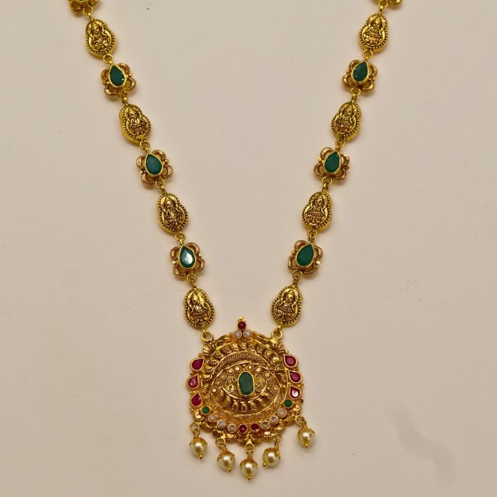22KT Gold Lakshmi Pearl Multi-Stone Necklace (HUID Hallmarked) – Elegant Traditional Collection (15.45g)