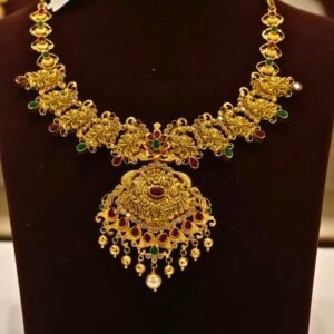 22KT Gold Peacock Multi-Stone Necklace (HUID Hallmarked) – Premium Bridal Collection (34.09g)