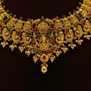 22KT Gold Peacock & Lakshmi Multi-Stone Necklace (HUID Hallmarked) – Premium Bridal Collection (34.87g)