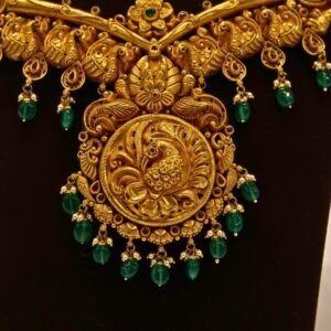 22KT Gold Antique Nakasa Necklace with Pearl & Green Beads (HUID Hallmarked) – Grand Bridal Collection (46.81g)