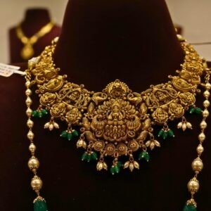 22KT Gold Antique Nakasa Bridal Jewellery Set (Necklace, Hara, Jhumka & Nettichutti) with Pearl & Green Beads – HUID Hallmarked (91.27g)