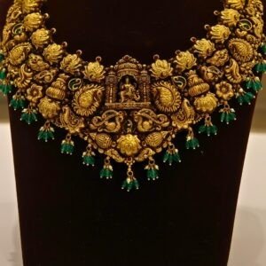 22KT Gold Antique Nakasa Lakshmi Necklace with Pearl & Green Beads (HUID Hallmarked) – Grand Bridal Collection (58.72g)