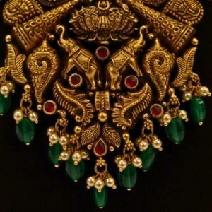 22KT Gold Antique Lakshmi & Elephant Necklace with Pearl & Green Beads (HUID Hallmarked) – Grand Bridal Collection (45.28g)
