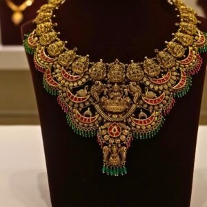 22KT Gold Antique Lakshmi Necklace with Green Beads (HUID Hallmarked) – Grand Bridal Collection (62.21g)