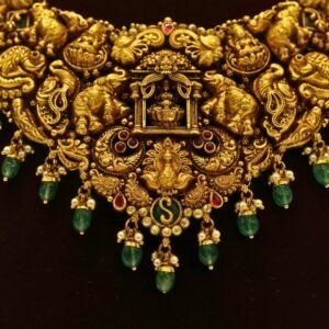 22KT Gold Antique Nakasa Lakshmi Necklace with Pearl & Green Beads (HUID Hallmarked) – Grand Bridal Collection (49.72g)