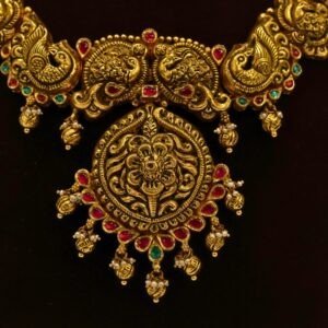 22KT Gold Antique Nakasa Necklace with Pearl & Kundan Work (HUID Hallmarked) – Grand Bridal Collection (64.11g)