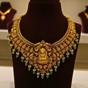 22KT Gold Antique Nakasa Lakshmi Necklace with Pearl & Green Beads (HUID Hallmarked) – Grand Bridal Collection (49.63g)