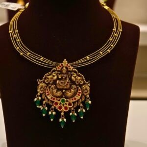 22KT Gold Antique Lakshmi Necklace with Pearl, Emerald Beads & Kundan Work (HUID Hallmarked) – Premium Traditional Collection (32.37g)