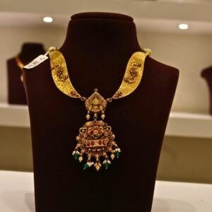 22KT Gold Antique Necklace with Pearl, Emerald Beads & Kundan Work (HUID Hallmarked) – Premium Traditional Collection (34.68g)