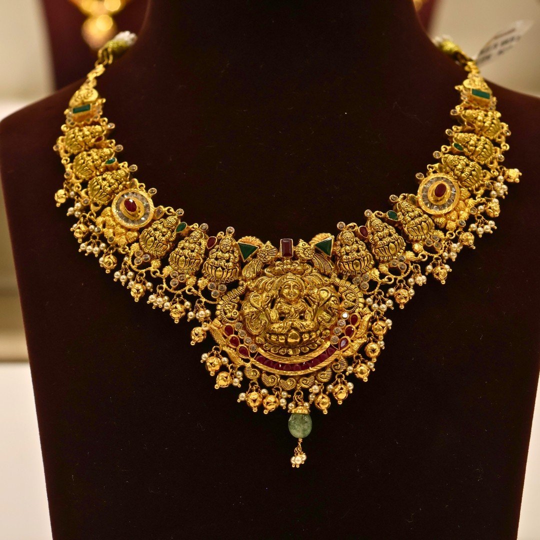 22KT Gold Lakshmi Design Multi-Stone Necklace (HUID Hallmarked) – Premium Bridal Collection (35.90g)