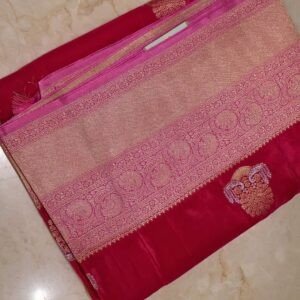 Crepe Saree – Red with Pink Zari Border (Elegant Festive Collection)