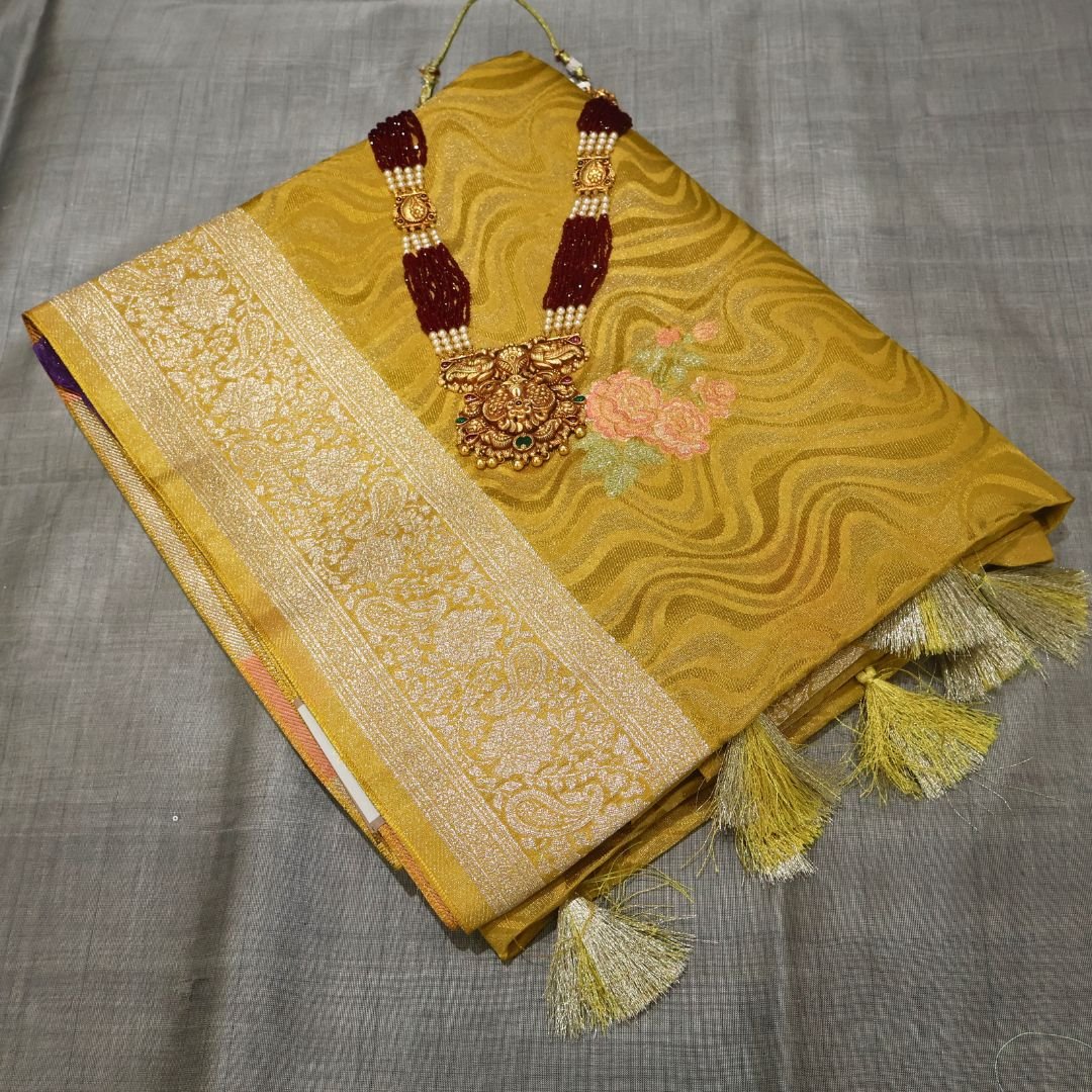 Fancy Designer Saree – Mustard Yellow with Zari Border & Floral Work (Premium Festive Collection)