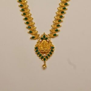 22KT Gold Lakshmi Necklace with Emerald Stone Work (HUID Hallmarked) – Traditional Bridal Collection (21.24g)