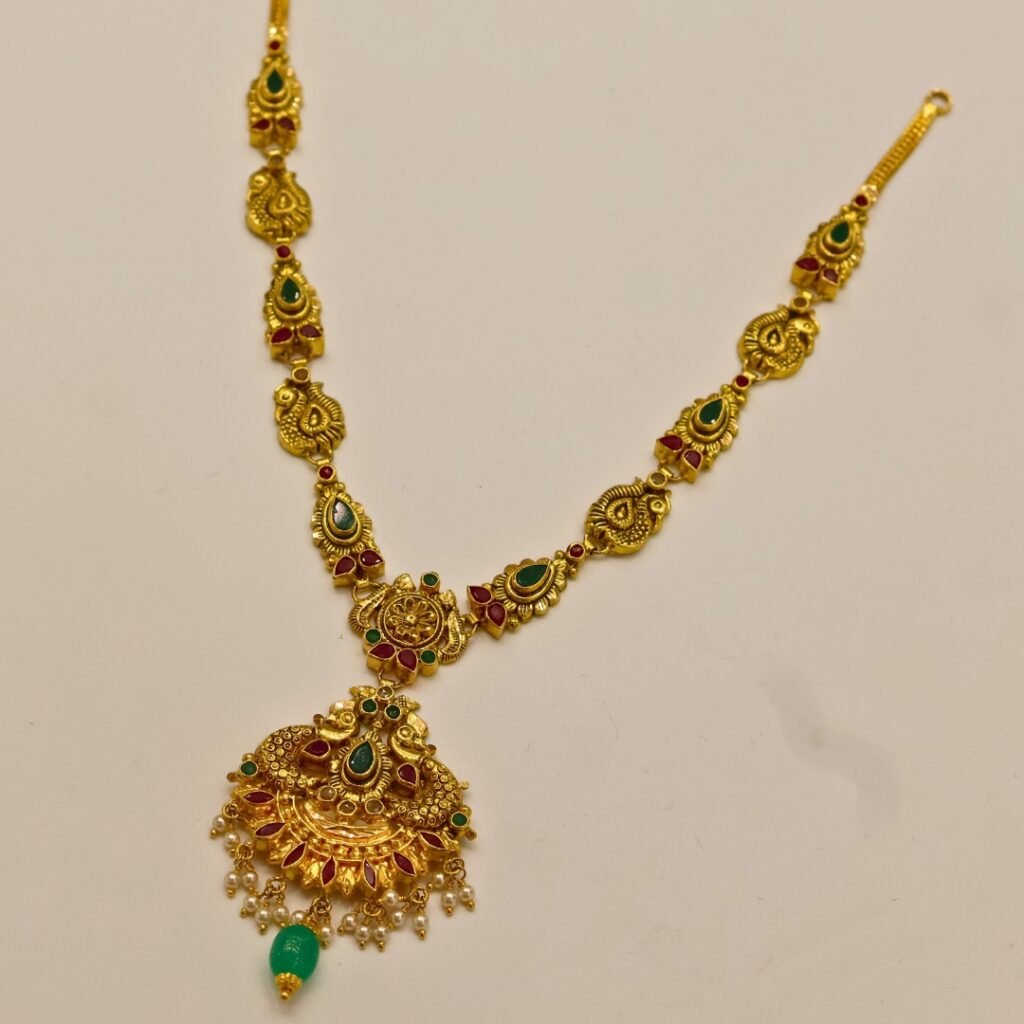 22KT Gold Multi-Stone Necklace with Green Beads (HUID Hallmarked) – Elegant Traditional Collection (16.08g)
