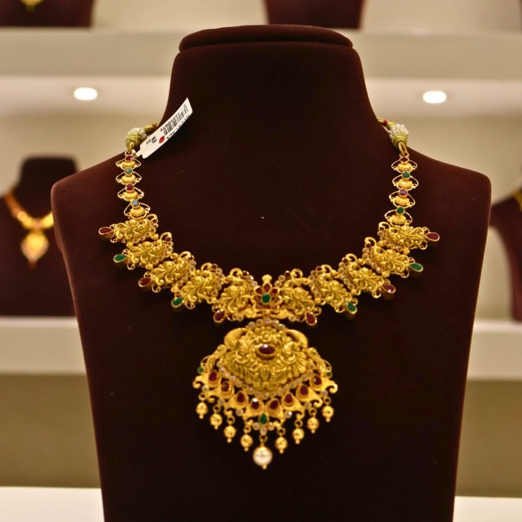 22KT Gold Peacock Multi-Stone Necklace (HUID Hallmarked) – Premium Bridal Collection (34.09g)