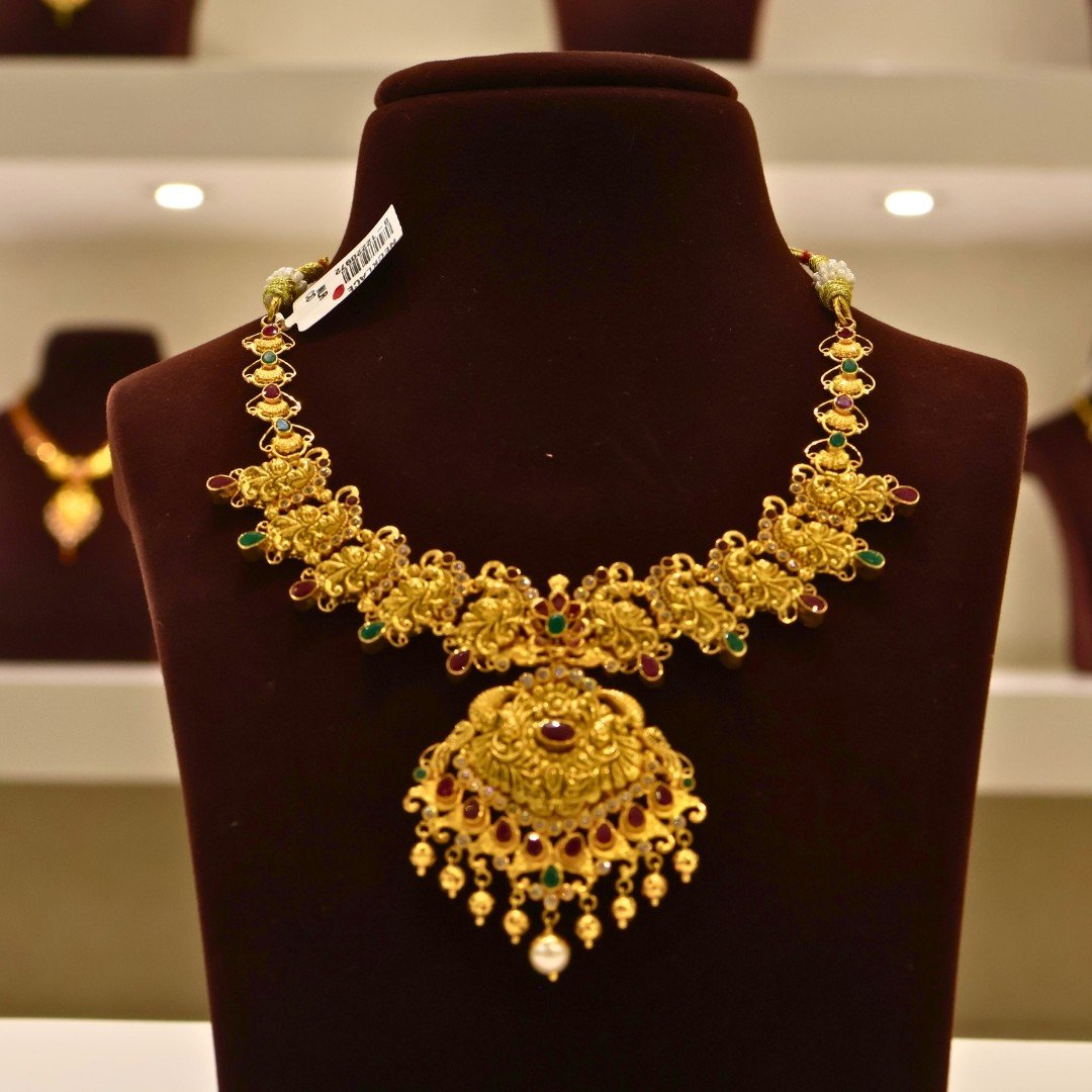 22KT Gold Peacock Multi-Stone Necklace (HUID Hallmarked) – Premium Bridal Collection (34.09g)