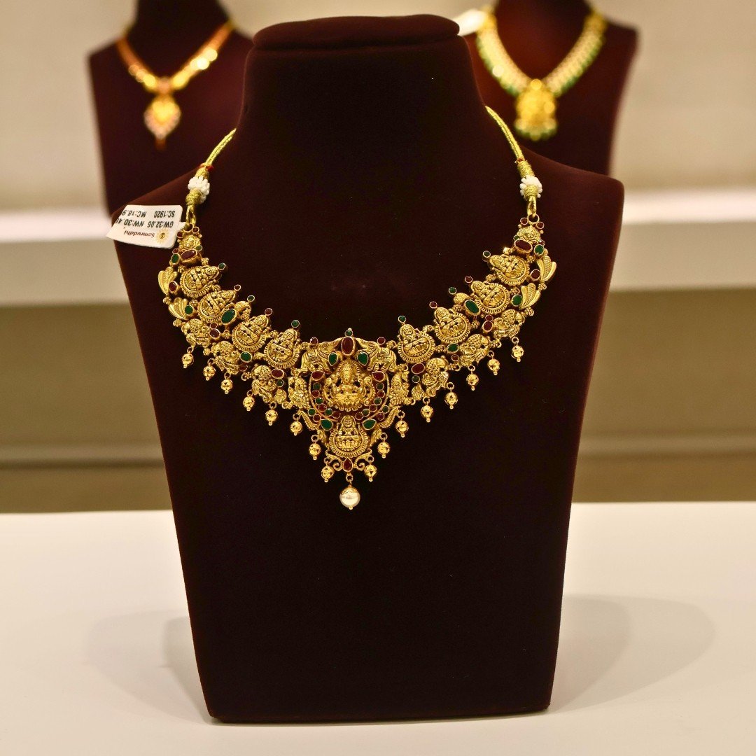 22KT Gold Peacock & Lakshmi Multi-Stone Necklace (HUID Hallmarked) – Premium Bridal Collection (30.48g)