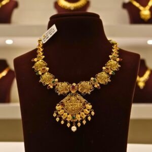 22KT Gold Peacock & Lakshmi Multi-Stone Necklace (HUID Hallmarked) – Premium Bridal Collection (31.33g)