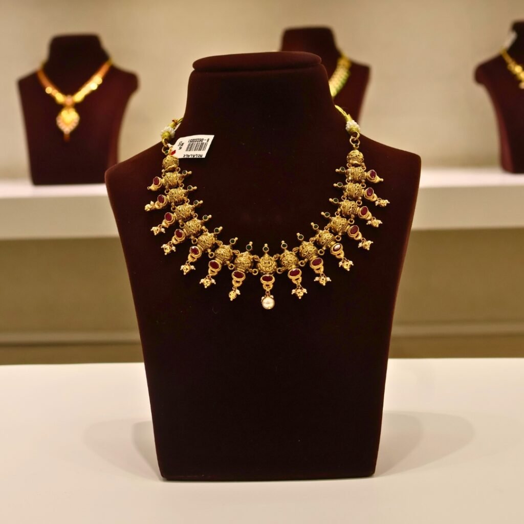 22KT Gold Kalasa Design Multi-Stone Necklace (HUID Hallmarked) – Premium Traditional Collection (31.21g)