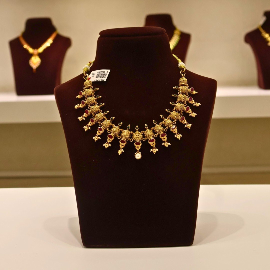 22KT Gold Kalasa Design Multi-Stone Necklace (HUID Hallmarked) – Premium Traditional Collection (31.21g)