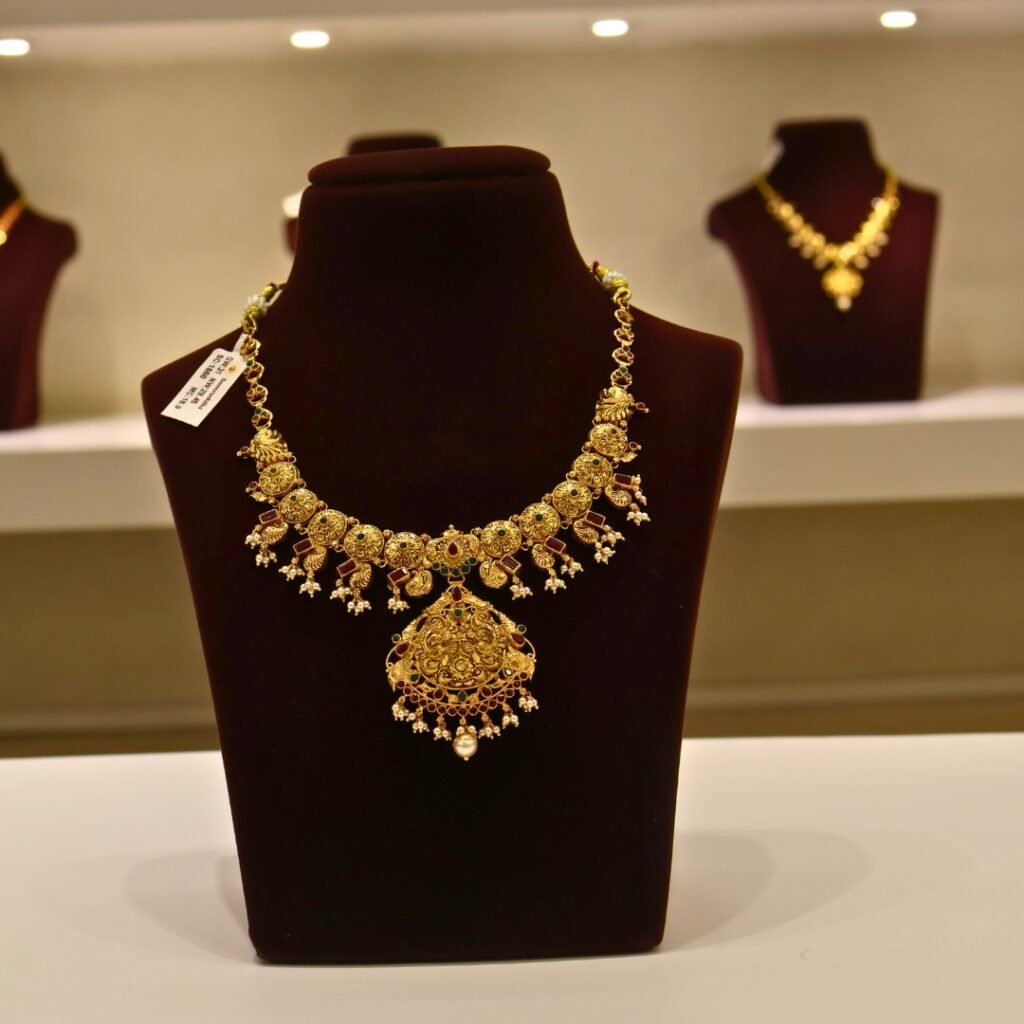 22KT Gold Peacock Multi-Stone Necklace (HUID Hallmarked) – Elegant Traditional Collection (29.45g)