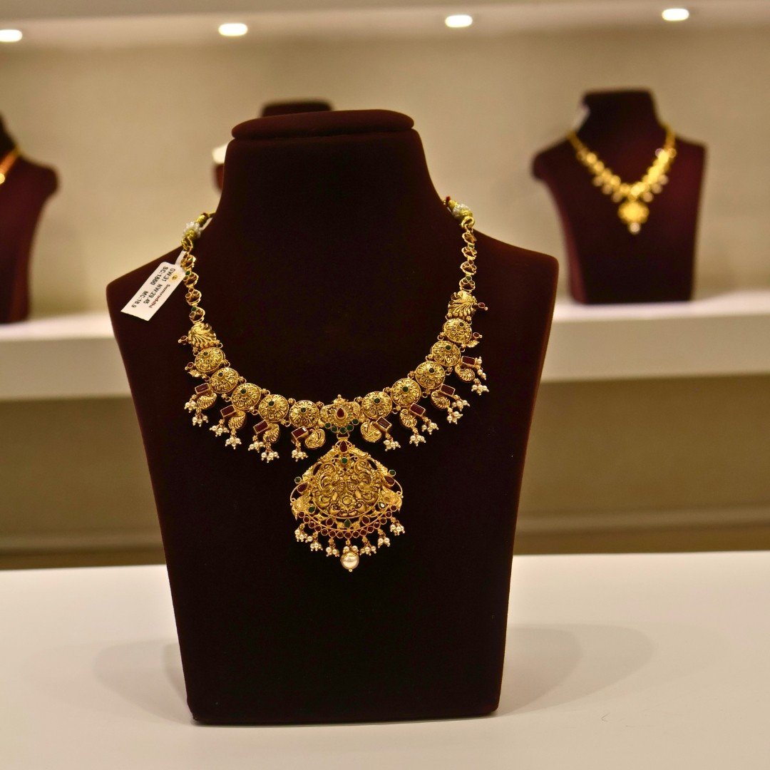 22KT Gold Peacock Multi-Stone Necklace (HUID Hallmarked) – Elegant Traditional Collection (29.45g)