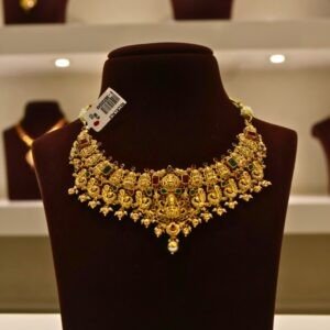 22KT Gold Peacock & Lakshmi Multi-Stone Necklace (HUID Hallmarked) – Premium Bridal Collection (34.87g)